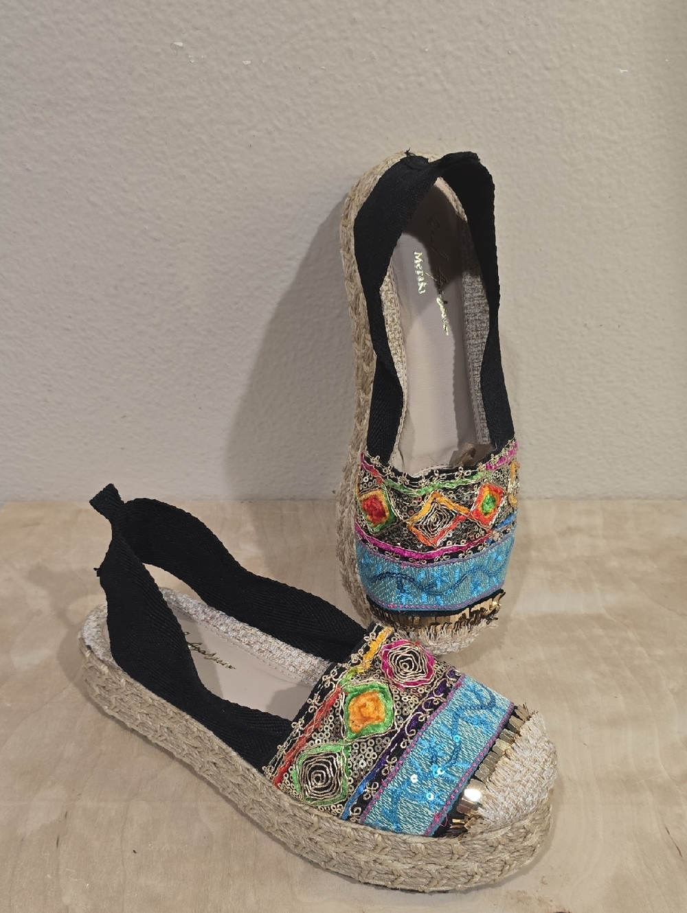 Raul Aparicio Meraki Multicolor Embroidered Espadrilles with Black Sling Straps